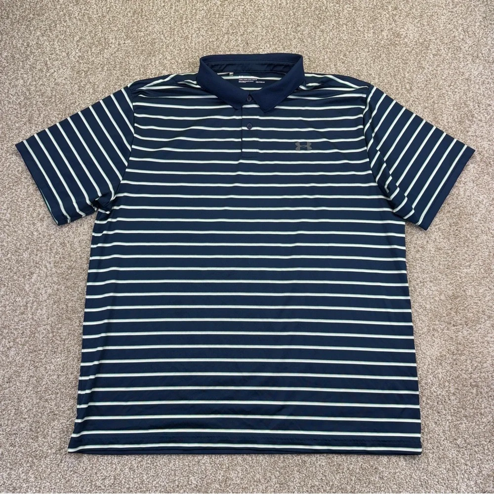 Under Armour Blue White Green Striped Polo Shirt Mens Size 2XL Heatgear - Picture 3 of 10